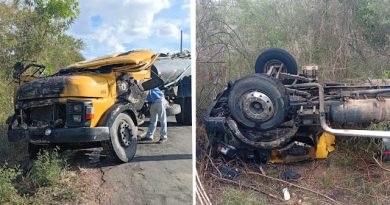 Motorista escapa ileso após caminhão capotar e pegar fogo na BA-419 entre Jacobina e Mirangaba