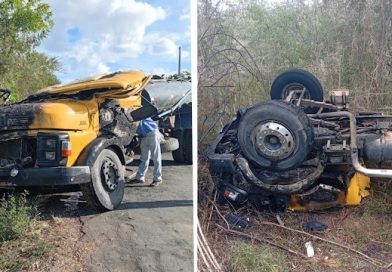 Motorista escapa ileso após caminhão capotar e pegar fogo na BA-419 entre Jacobina e Mirangaba